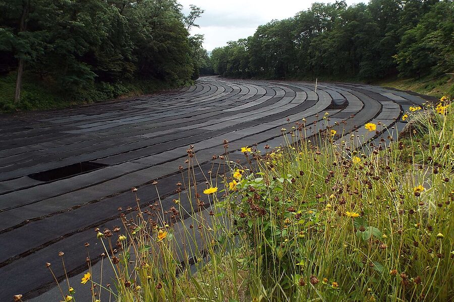Close-up of wasabi cultivation channel with gravel substrate at Daio Wasabi Farm