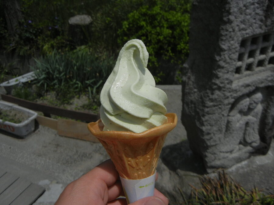 Green wasabi soft serve ice cream at Daio Wasabi Farm