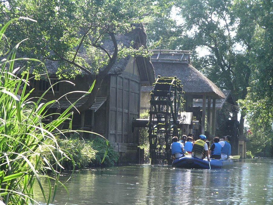 Three wooden waterwheels at Daio Wasabi Farm used in Akira Kurosawa Dreams