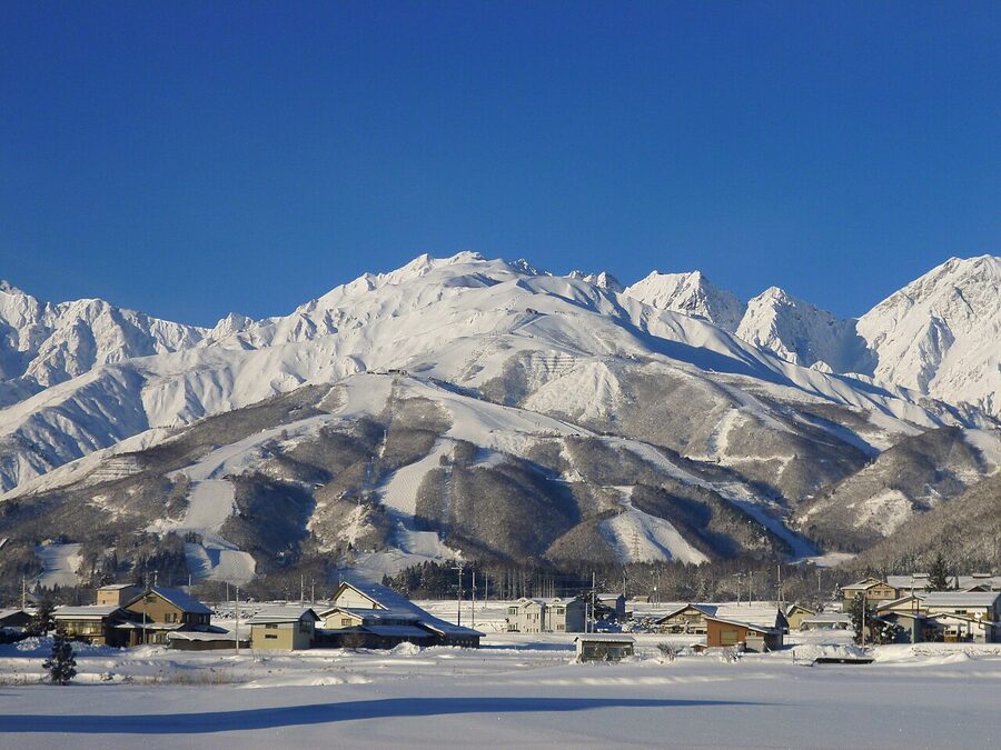 Hakuba Happo-one Winter Resort viewed in winter with ski runs visible