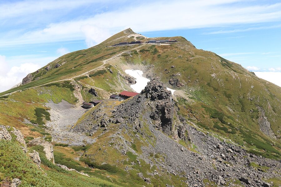 Mount Shirouma 2932m close up showing rock face and glacial snowfields