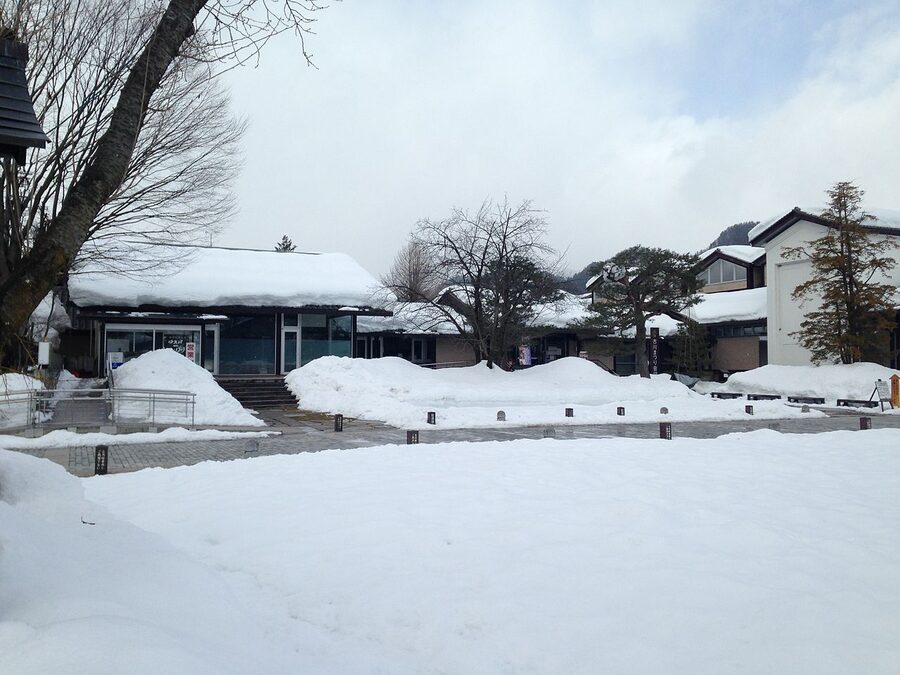 Hida Furukawa Festival Hall under snow in winter