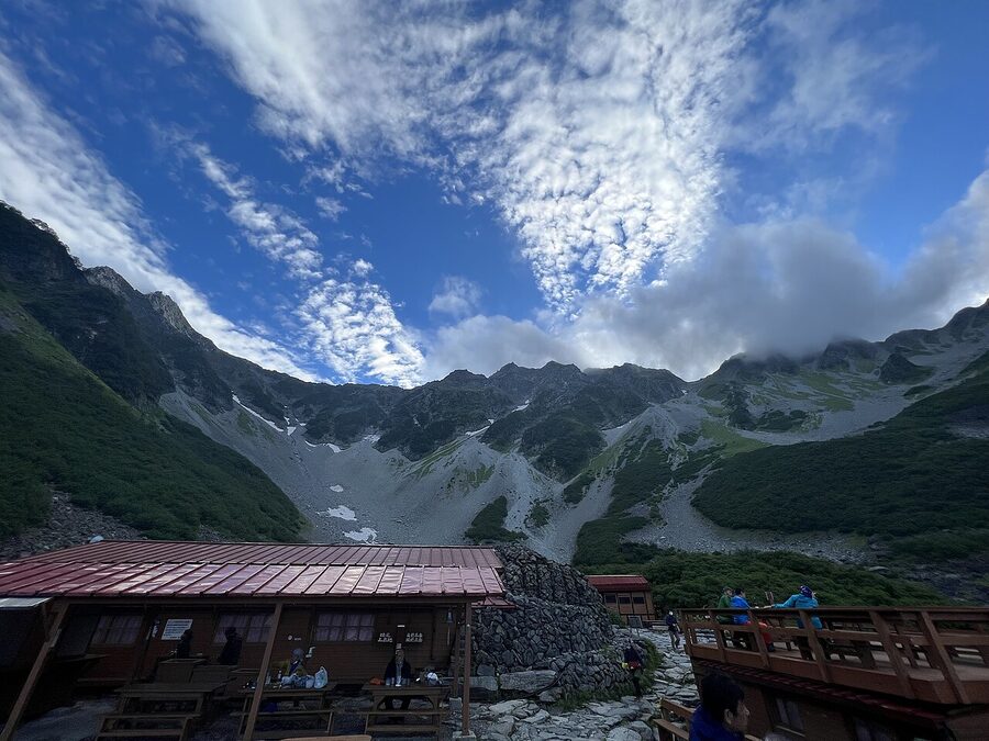 Mount Okuhotakadake rising above Karasawa Hutte in the Kamikochi region of the Northern Japan Alps