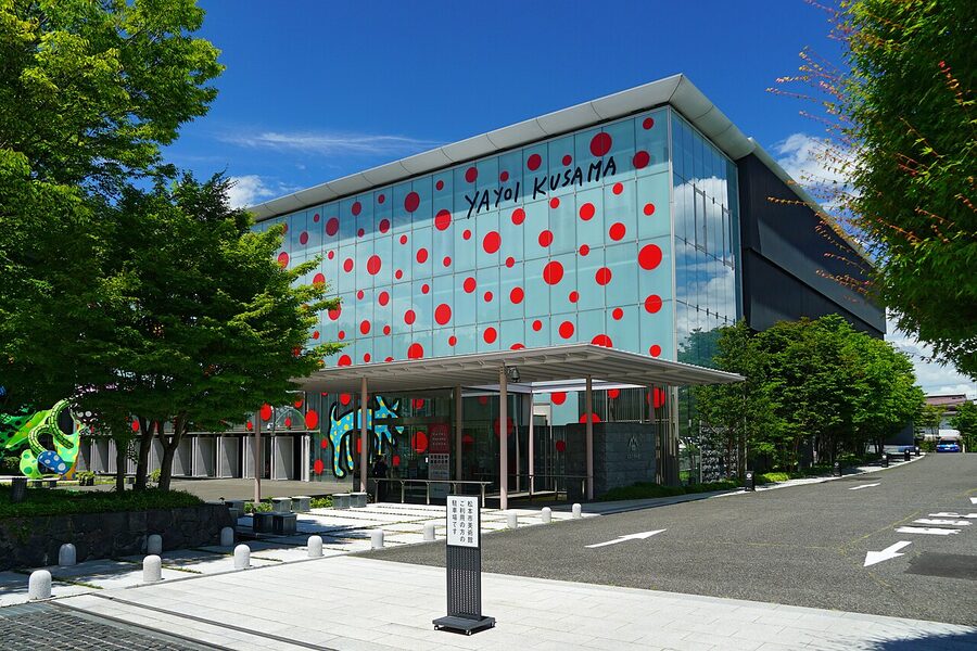 Matsumoto City Museum of Art exterior with Yayoi Kusama polka-dot tulip sculptures outside