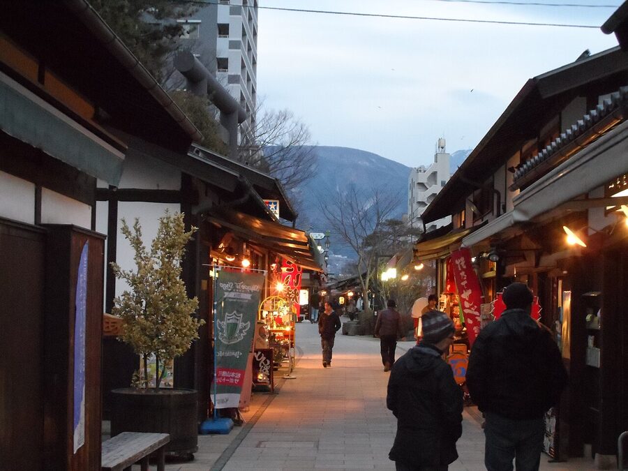 Nawate-dori at night in Matsumoto with lit lanterns