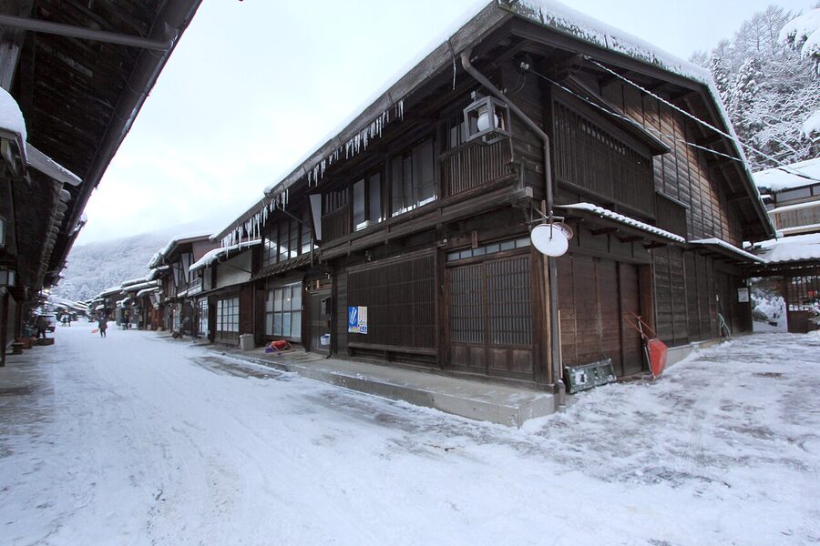 Narai-juku street close-up showing wooden machiya house facades