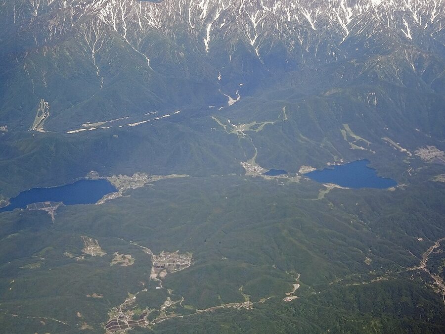 Aerial view of Lake Kizaki and Lake Aoki, the two largest of the Omachi three-lake chain