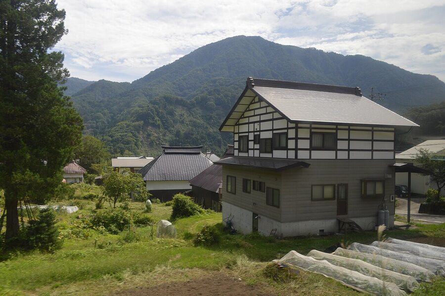 Traditional wooden houses along the Chikuni-shuku Salt Road post town in Otari