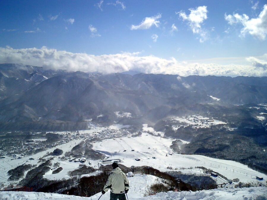 Tsugaike Kogen Ski Resort main ski slopes under cloud cover