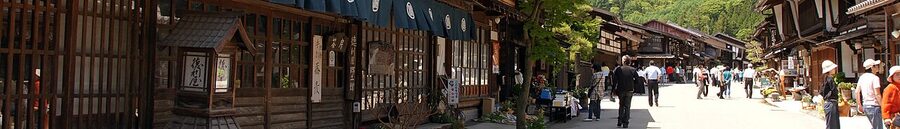 Wide panorama of Narai-juku from the southern entrance