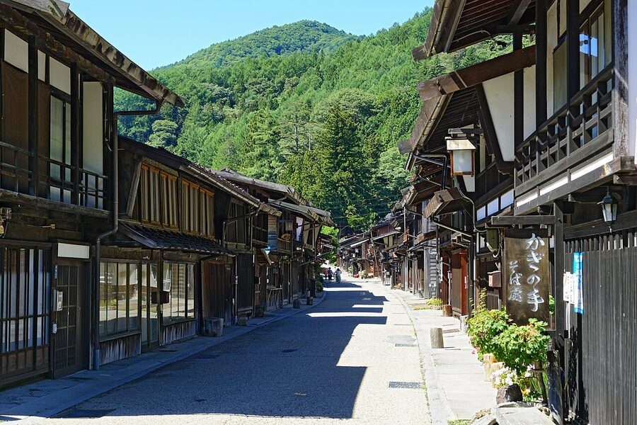 Narai-juku on a summer evening with lanterns starting to light