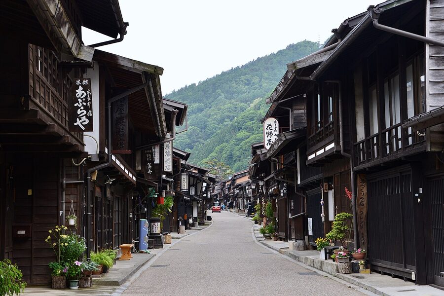 Narai-juku village overview from the western edge with mountains behind