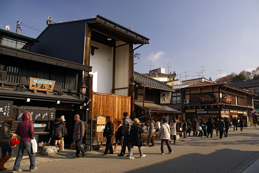 Sanmachi Suji preserved Edo-era merchant street in Takayama with dark wooden storefronts