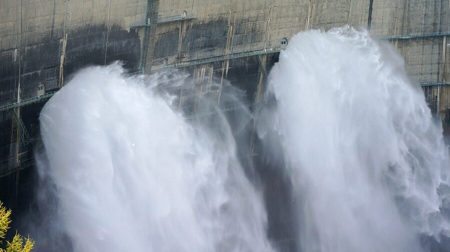 Kurobe Dam 186m arch wall seen from the crest