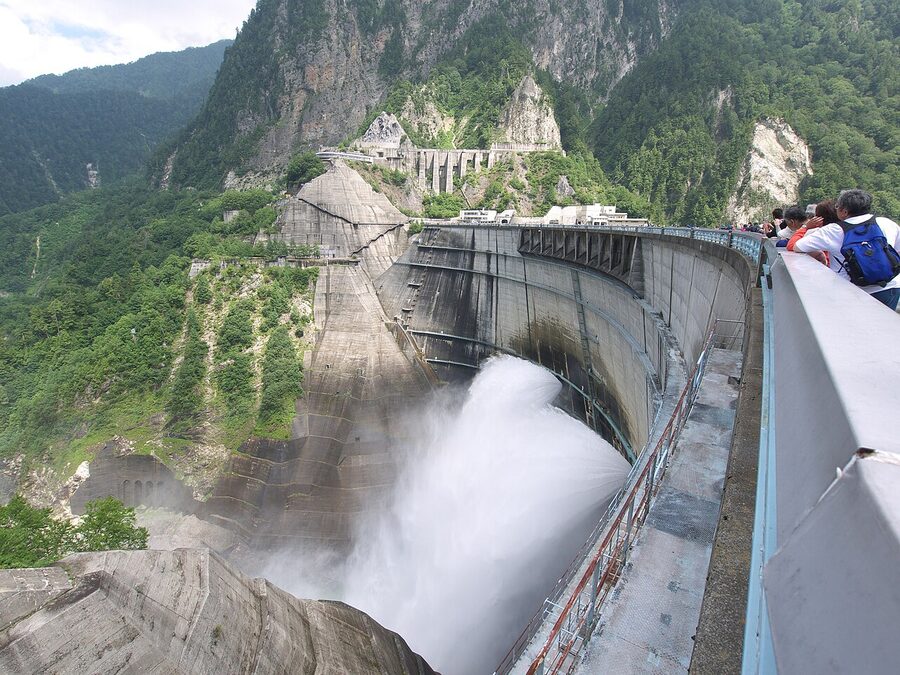 Visitors watching the Kurobe Dam summer water discharge