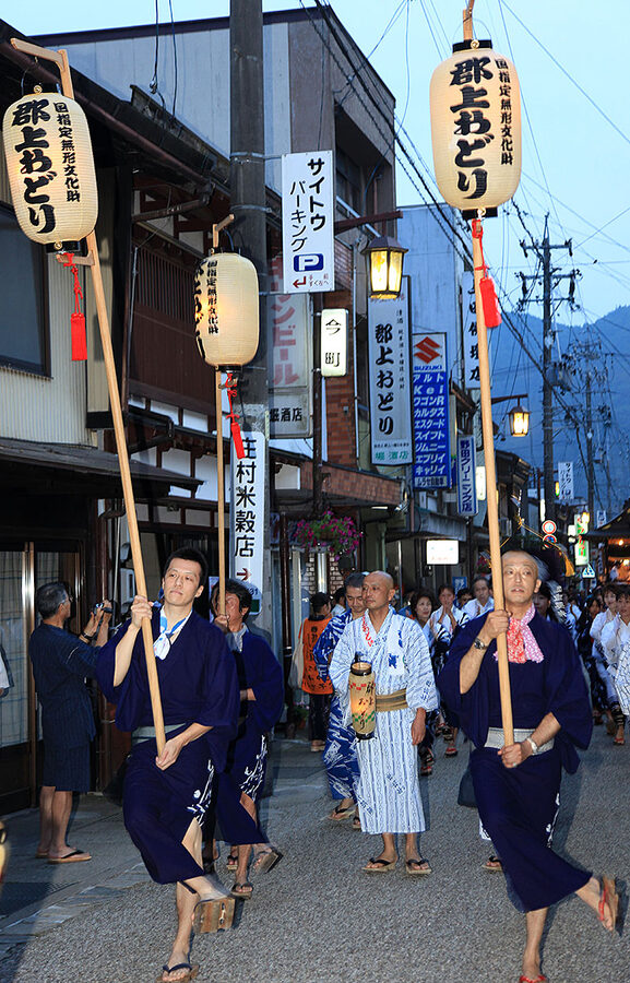 Gujo Odori dancers in yukata circling the yagura at night