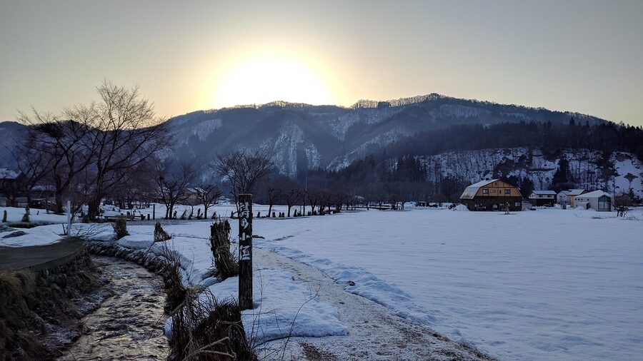 Snow stream and morning light in Hakuba