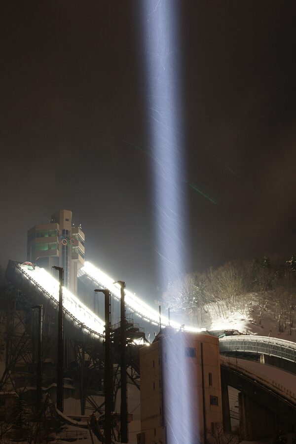 Hakuba Ski Jumping Stadium lit up at night