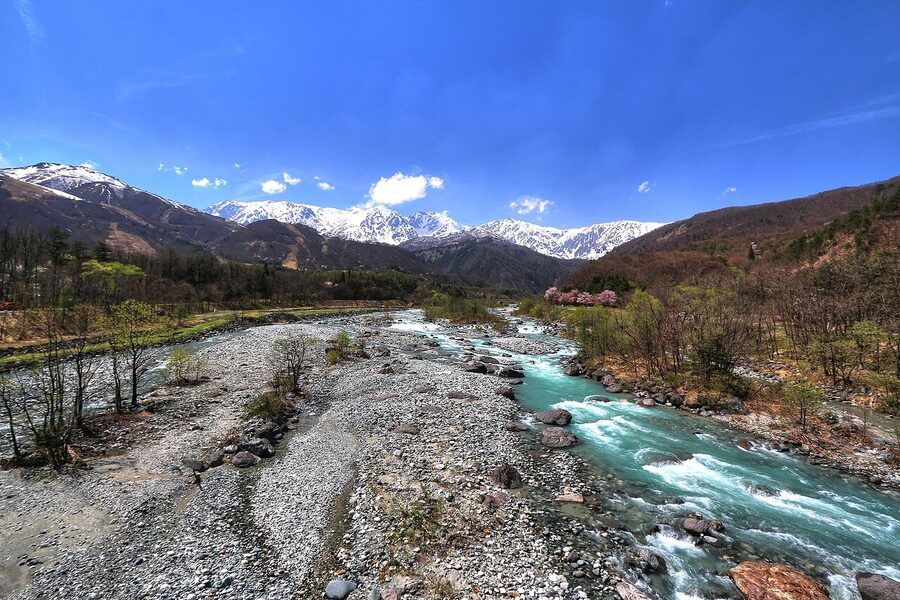 Cherry blossoms and Northern Alps from Hakuba Bridge