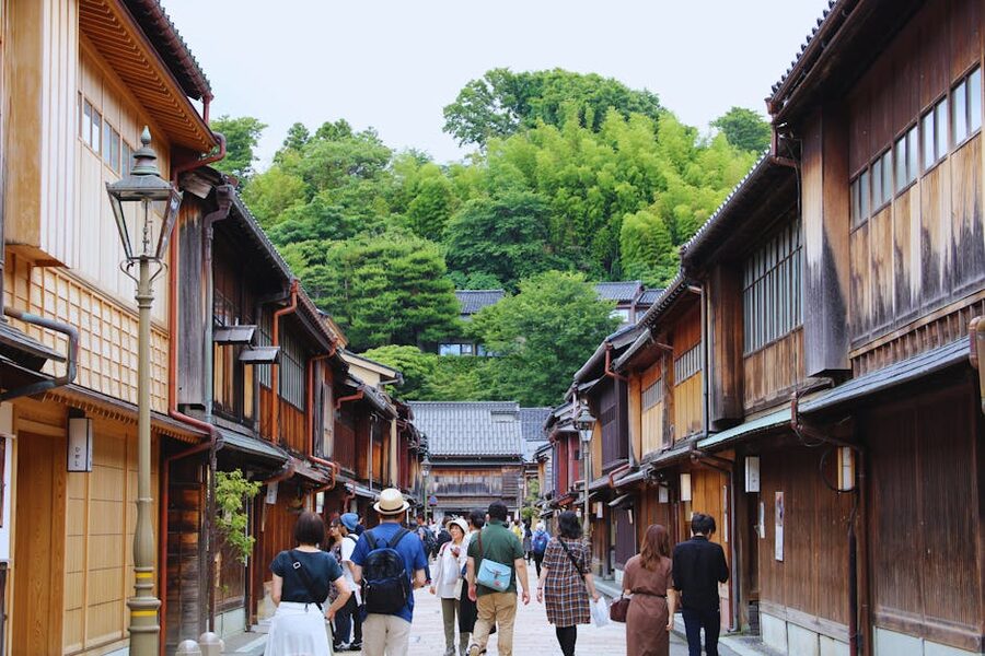 Old wooden buildings on a Kanazawa side lane