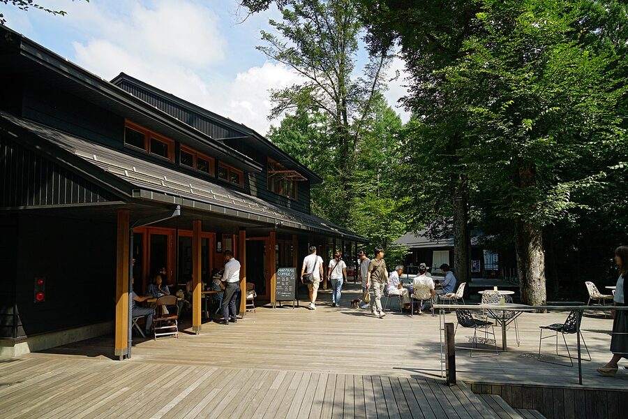 Harunire Terrace wooden walkway and shops in forest