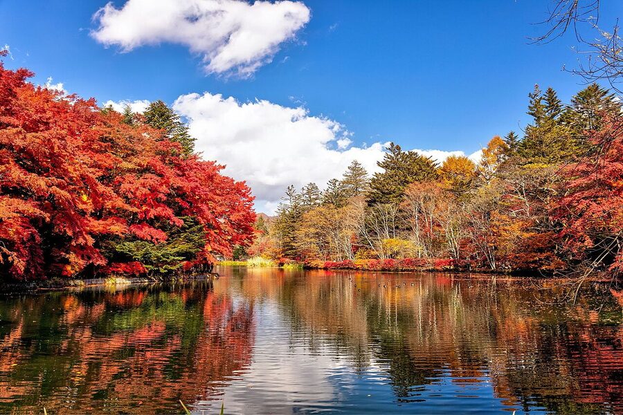 Kumoba Pond Karuizawa with autumn reflection