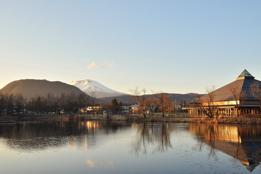 Mount Asama rising behind Karuizawa town in Nagano
