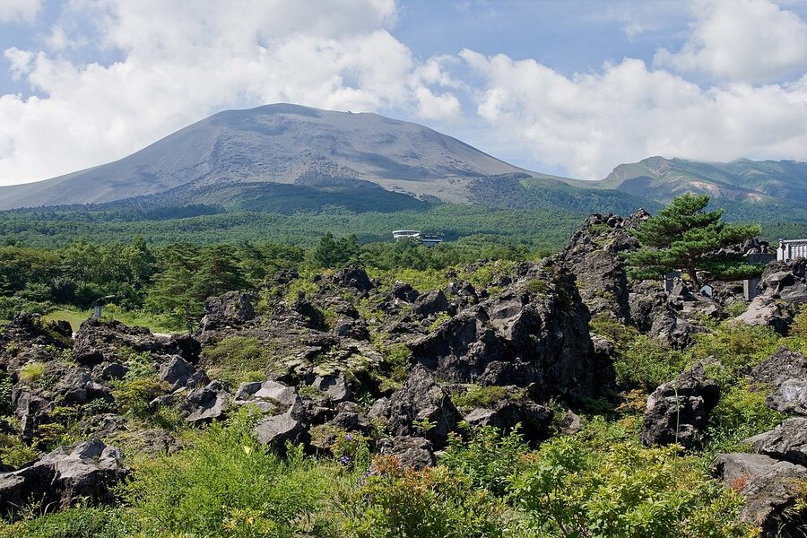 Onioshidashi Park lava rocks foreground with Asama beyond