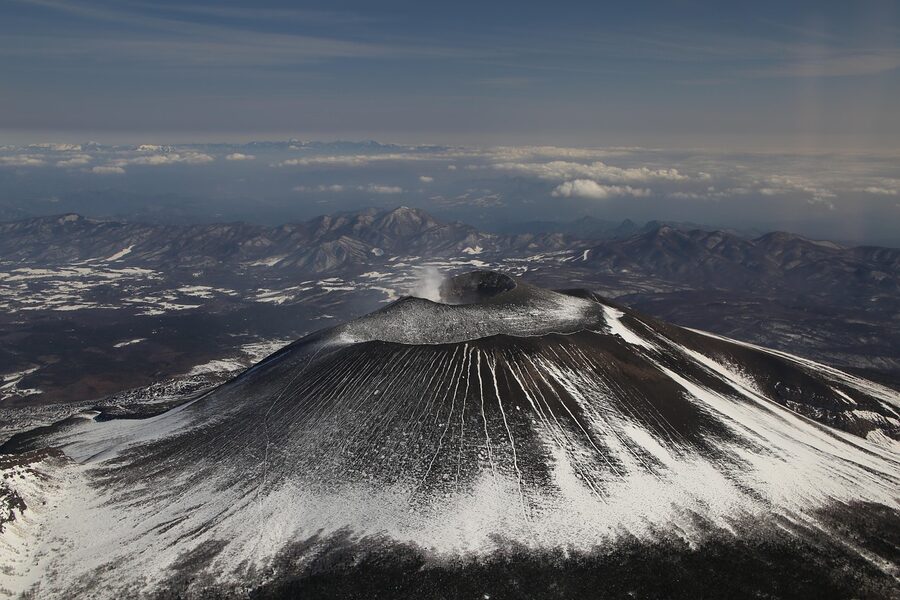Aerial view of Mount Asama in winter