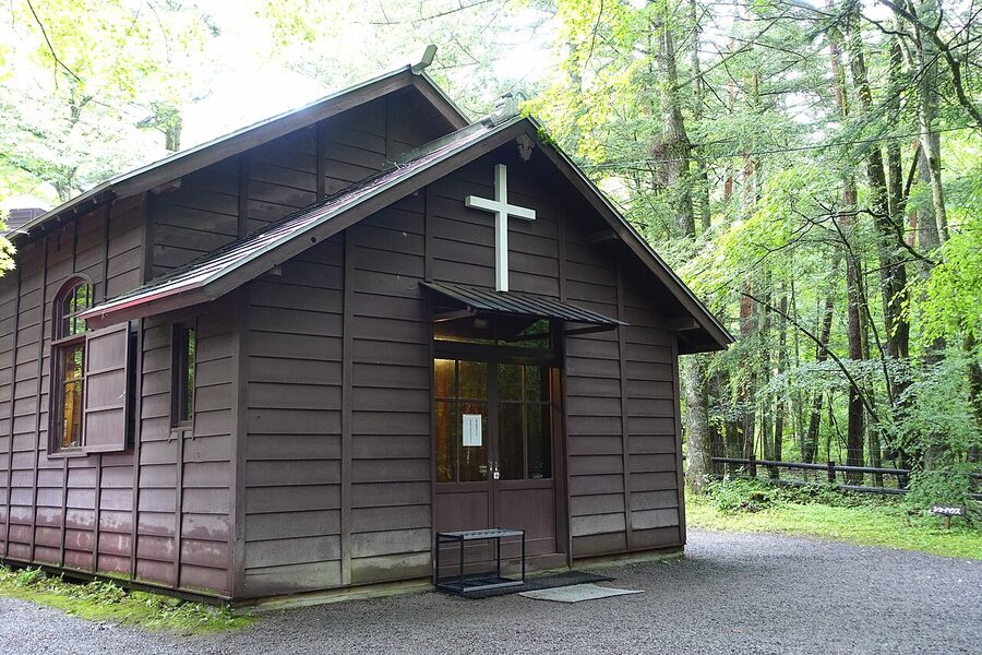 Karuizawa Shaw Memorial Chapel exterior under trees
