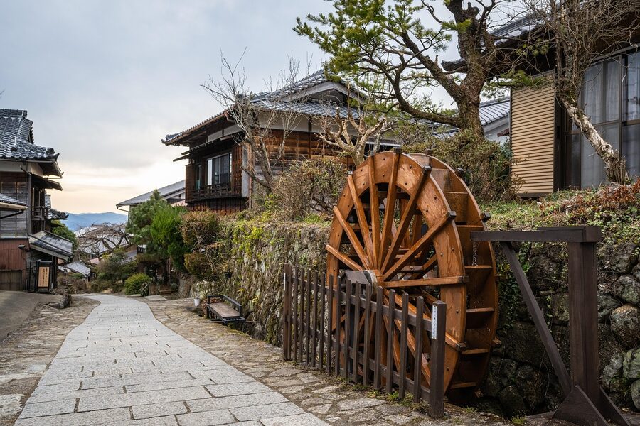 The cobbled Magome-juku post town with traditional wooden architecture