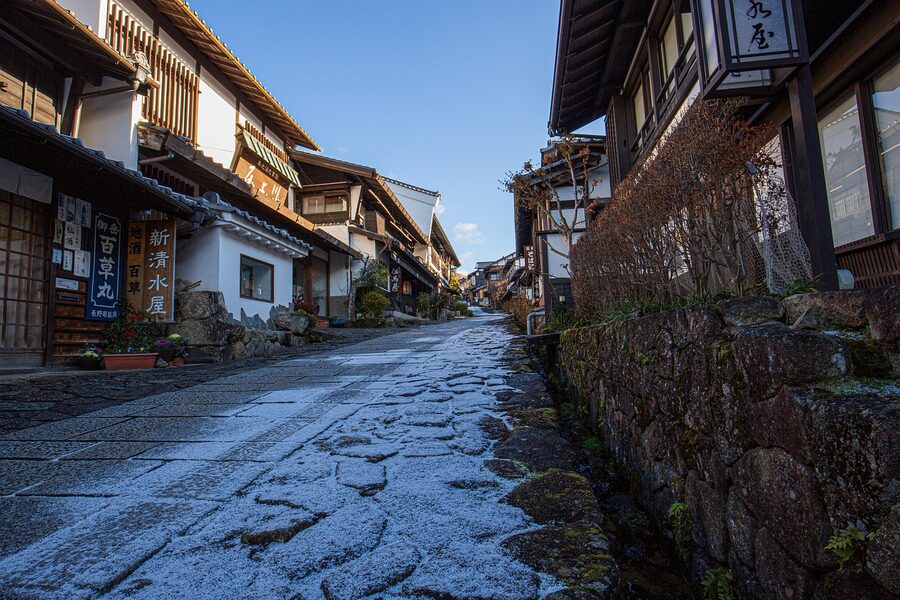 Snow-dusted main street of Magome-juku in winter