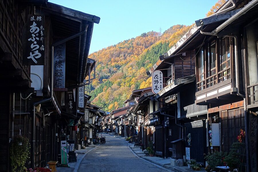 The full sweep of Narai-juku's main street with traditional buildings