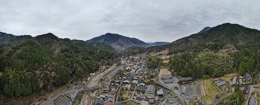 Aerial panorama of Tsumago-juku and the surrounding hills