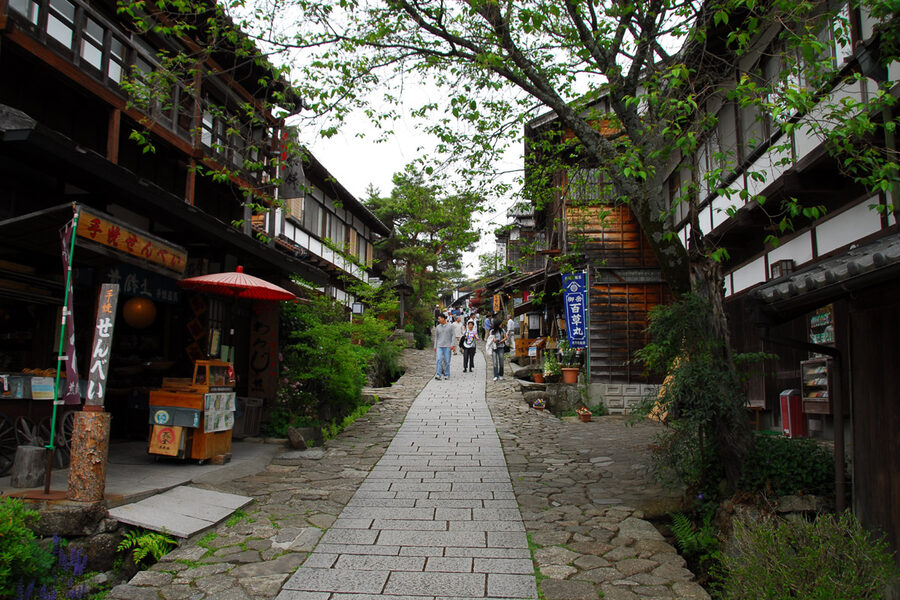 The slate cobble main street of Magome rising up the slope