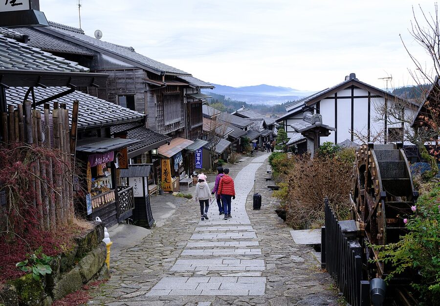 Magome-juku's main street looking up the slope, summer 2024
