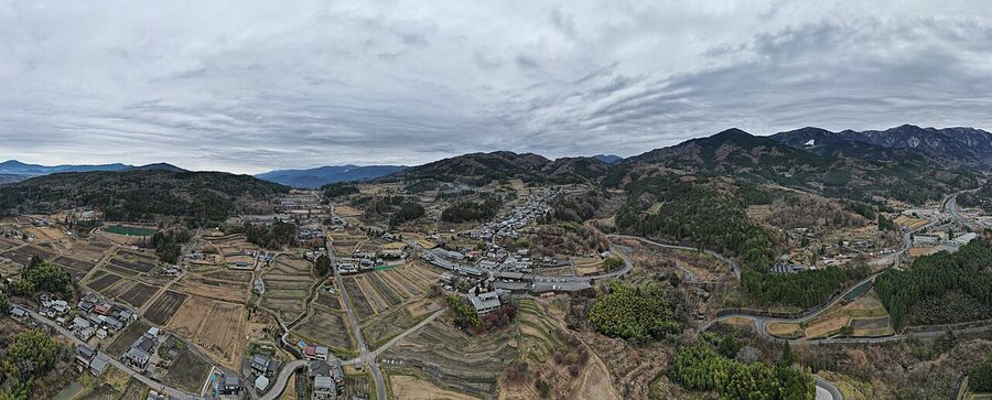 Aerial panorama of Magome-juku stacked up the mountainside