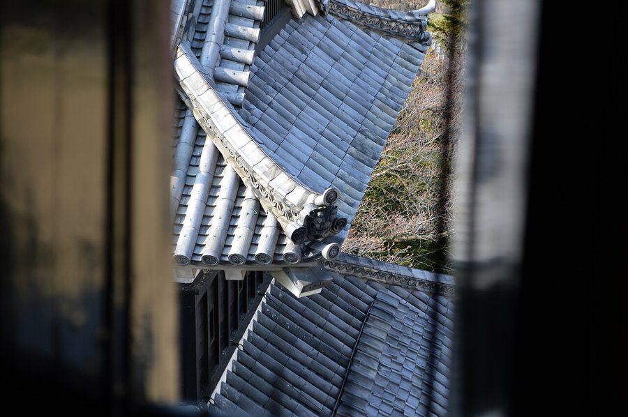 Detail of the Matsumoto Castle keep roof seen from above