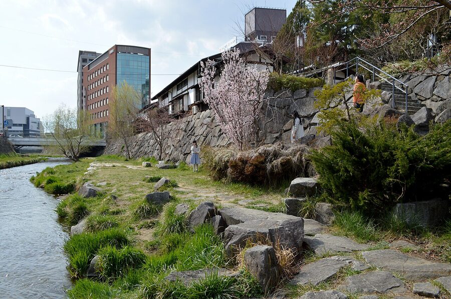 Metoba river bank near Yohashira-jinja shrine in Matsumoto
