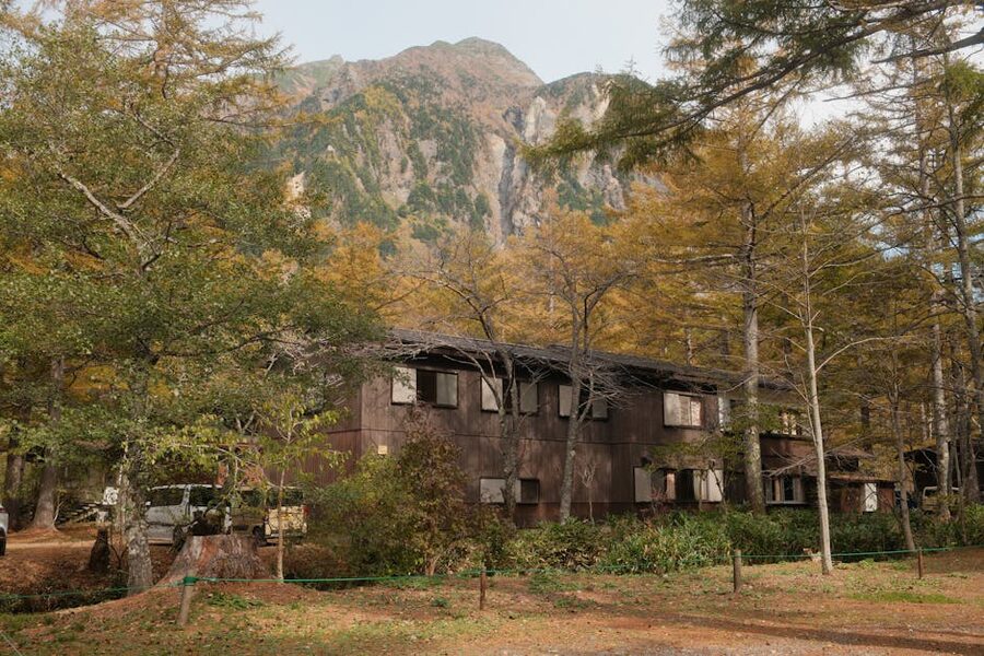 Mountain hut amid autumn foliage in Nagano