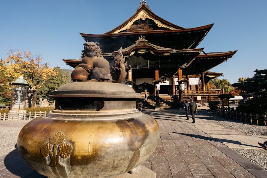 Zenkoji Temple traditional architecture in Nagano with autumn colours