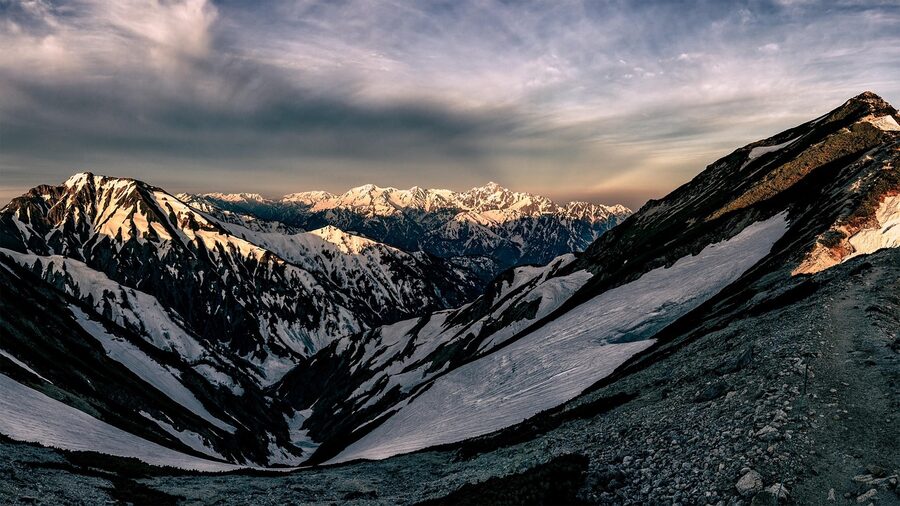 Northern Japan Alps panorama at sunrise from Chubu Sangaku National Park