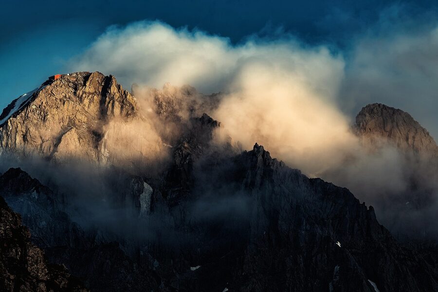 Sunset over Mt Hotaka with steep rock walls