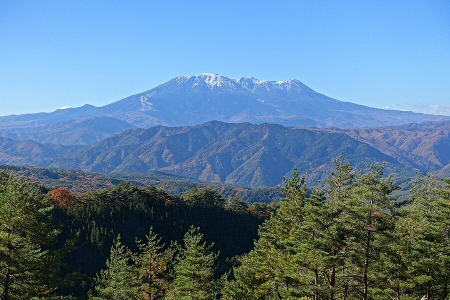 Mt Ontake seen from the Kiso Valley in autumn