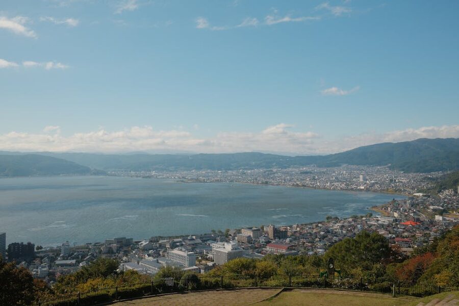 Aerial view of Lake Suwa and the city