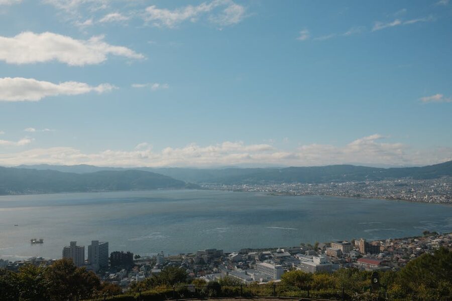 Aerial view of Lake Suwa city and lake
