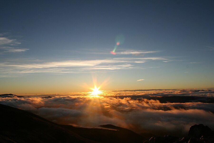Sunrise over Mt Norikura, golden light on a Northern Alps ridge