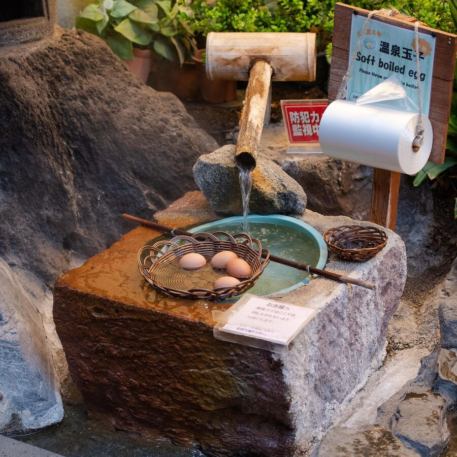 Onsen tamago, slow-cooked egg in spring water, in a small white bowl