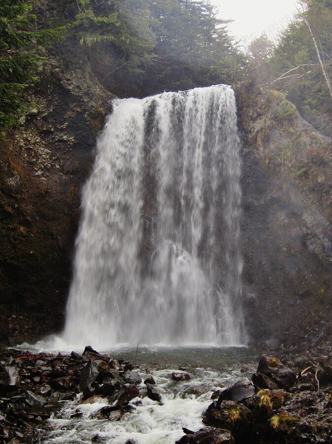 Zengoro Falls near Shirahone Onsen, water dropping through forest