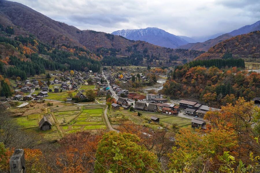 Aerial view of Shirakawa-go village with traditional houses